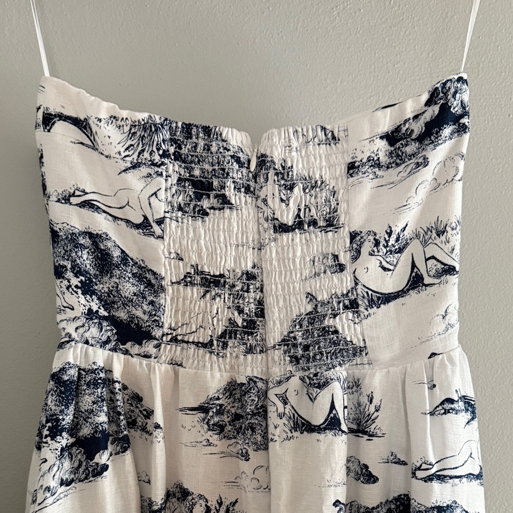 Reformation White Strapless Dress with Navy Scenic Print - Picture 4 of 5